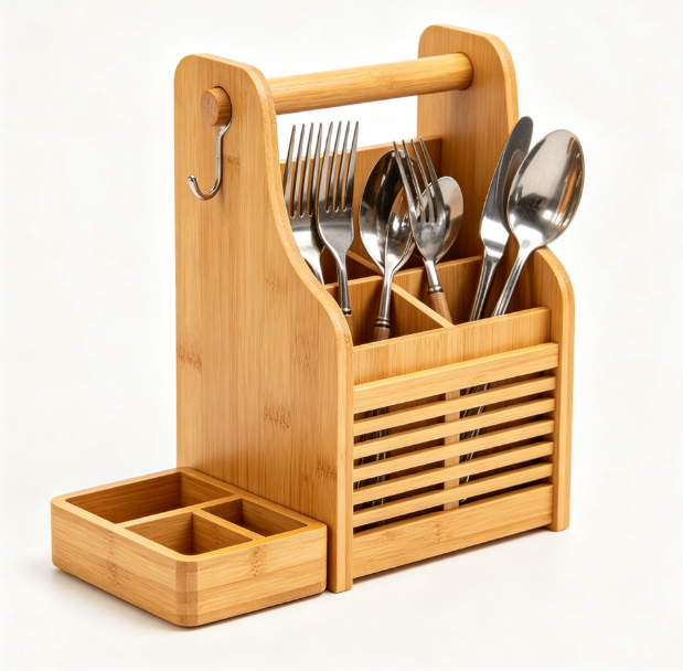 Bamboo Silverware Caddy Organizer, Detachable Divided Utensil Holder with Hanging Hook, Countertop & Wall Mount Cutlery Storage Rack