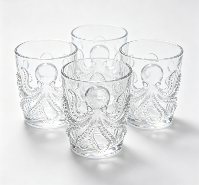 3D Octopus Embossed Glass Cups Set of 4, Thickened Clear Drinking Tumblers, Lead Free Glassware for Juice Cocktail Water