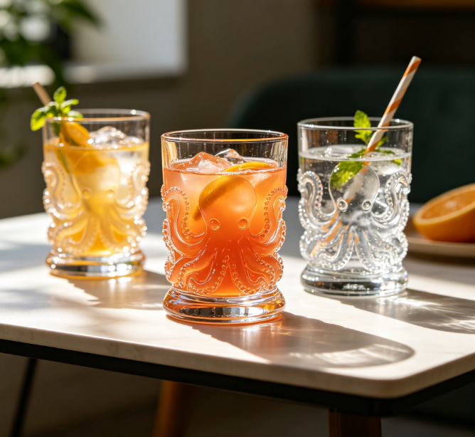 3D Octopus Embossed Glass Cups Set of 4, Thickened Clear Drinking Tumblers, Lead Free Glassware for Juice Cocktail Water