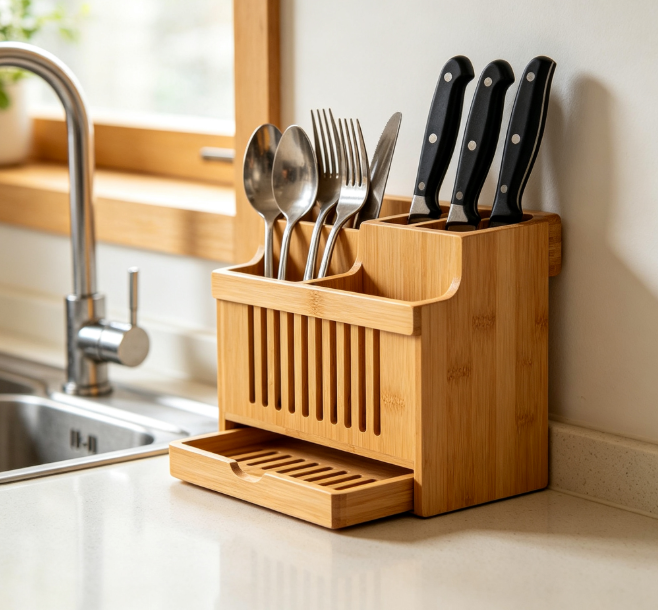 Bamboo Silverware Caddy Organizer, Detachable Divided Utensil Holder with Hanging Hook, Countertop & Wall Mount Cutlery Storage Rack